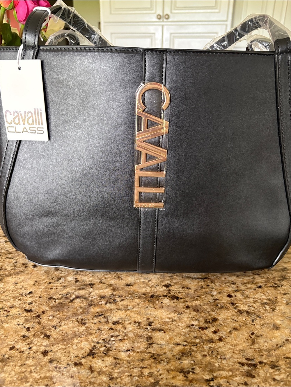 Cavalli Class Black Leather Tote with Gold Logo Charm